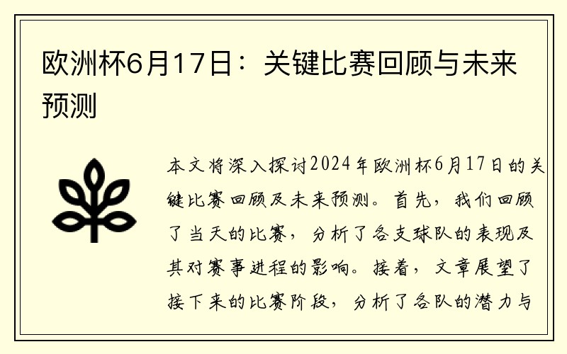 欧洲杯6月17日：关键比赛回顾与未来预测